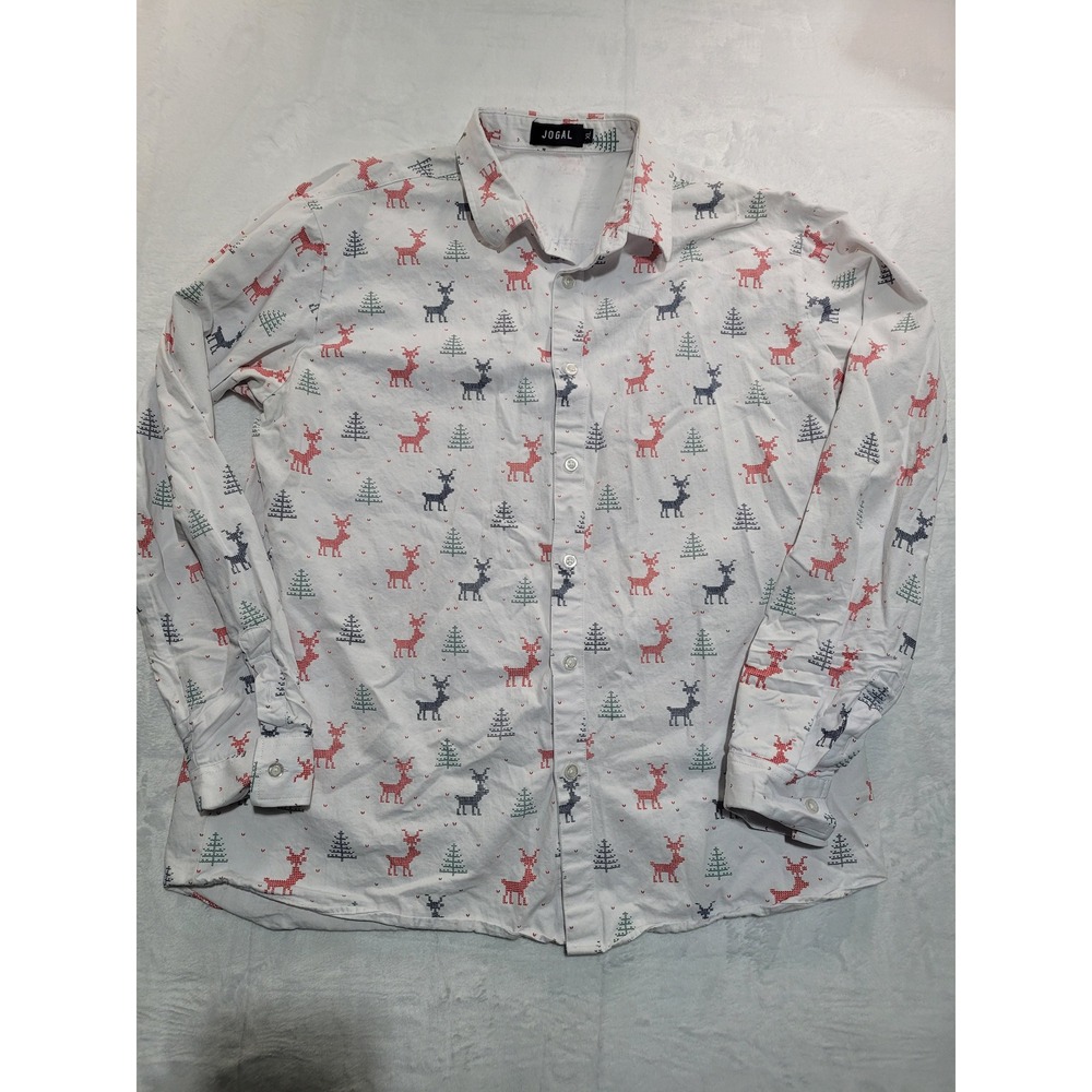 JOGAL Button Down Shirt Mens XL White Reindeer Christmas Tree Print